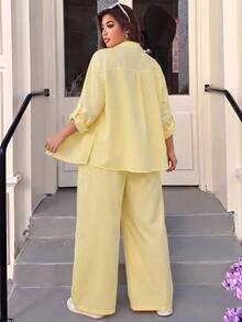 Muchica Plus-Size White Single-Breasted Long-Sleeved Shirt And Loose-Fitting Trousers With Cufflinks Casual Soft Form Vacation Two Pieces Set Autumn Fall Beach - Yellow - View 2
