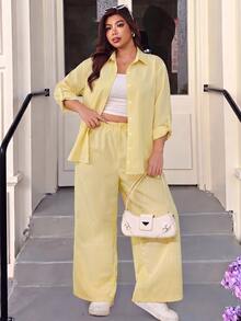 Muchica Plus-Size White Single-Breasted Long-Sleeved Shirt And Loose-Fitting Trousers With Cufflinks Casual Soft Form Vacation Two Pieces Set Autumn Fall Beach - Yellow - View 3