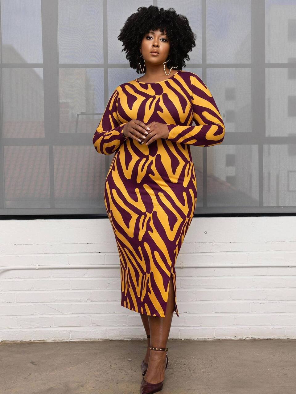 Plus Size Women's Floral Print Round Neck Long Sleeve Button Front Asymmetric Slit A-Line Midi Dress Casual Party Fall Fashion 2026