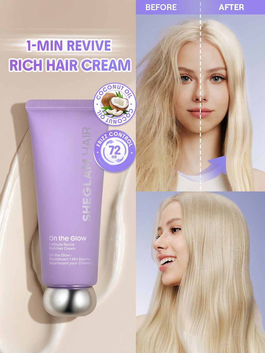 SHEGLAM HAIR كريم الشعر الغني "أون ذا جلو" لتنشيط الشعر في دقيقة واحدة - 70 غرام، ماسك للشعر، بلسم مرطب للشعر يُترك على الشعر، كريم يُترك على الشعر، تحكم في التجعد لمدة 72 ساعة، تغذية عميقة، حماية متعددة الفوائد للشعر التالف أو المجعد - ارجواني فاتح - مشاهدة 1