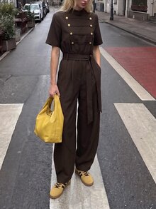 Struktiv 女款春夏休閒復古優雅拿破崙風收腰深棕色短袖連身褲，適合派對、日常通勤與日常穿著 - 棕色 - 查看 3