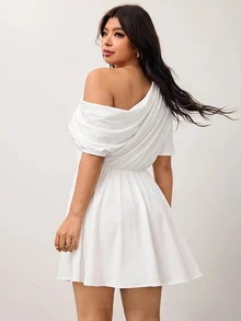 Enliva 大尺碼女款休閒通勤純色不對稱領口收腰傘擺洋裝，夏季棕色優雅洋裝，巧克力棕色洋裝，咖啡棕色洋裝，棕色婚禮賓客洋裝，春季女裝 - 白色 - 查看 2