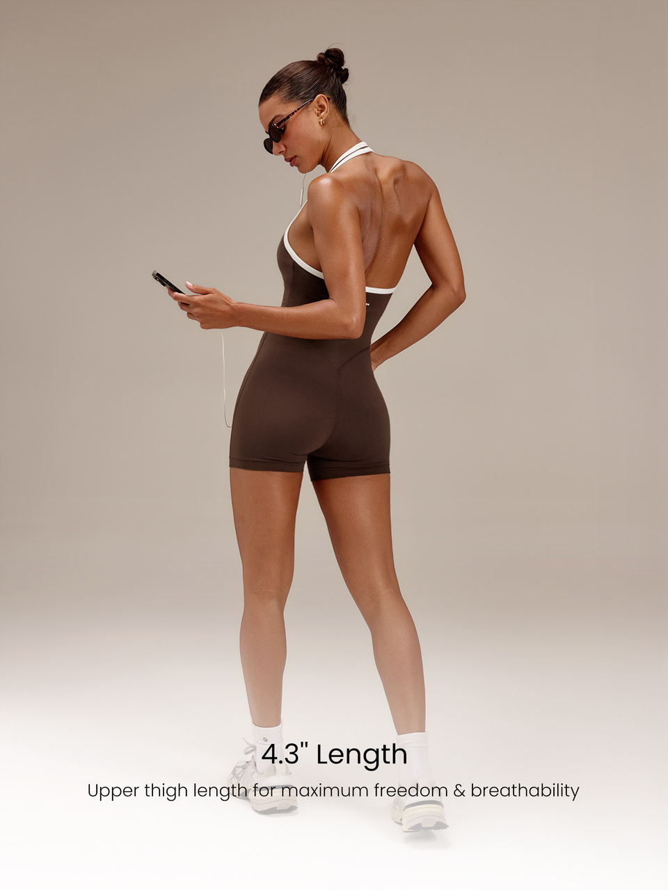 4.3" FeatherFit™-Sculpt Glow All Out Two-Tone Halter Bodysuit With Adjustable Halter & Removable Cups Gym Workout Fitness Training Outdoor