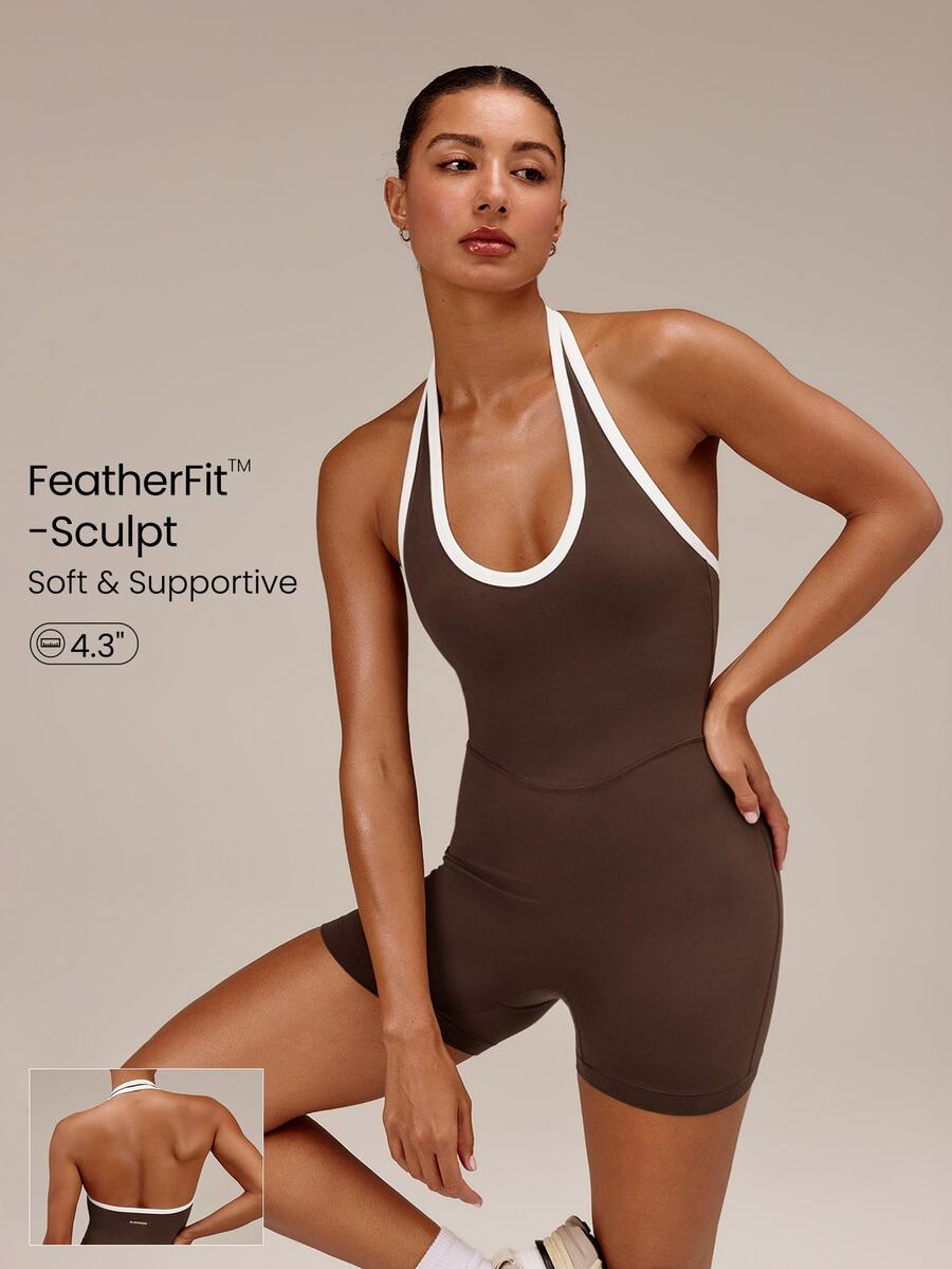 GLOWMODE 4.3" FeatherFit™-Sculpt Glow 全方位雙色掛脖連身衣,可調式掛脖設計、可拆式胸墊,適合健身房運動、健身訓練與戶外活動 - 棕色 - 查看 1