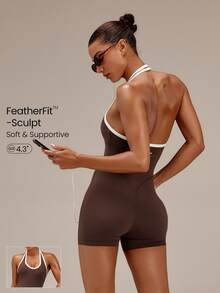 GLOWMODE 4.3" FeatherFit™-Sculpt Glow 全方位雙色掛脖連身衣，可調式掛脖設計、可拆式胸墊，適合健身房運動、健身訓練與戶外活動 - 棕色 - 查看 9