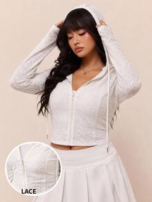CovetEZ New Lace Knit Jacquard Hooded Casual Semi-Sheer Plus Size Jacket Fall - Black - View 3