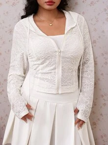 CovetEZ New Lace Knit Jacquard Hooded Casual Semi-Sheer Plus Size Jacket Fall - Black - View 7