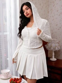 CovetEZ New Lace Knit Jacquard Hooded Casual Semi-Sheer Plus Size Jacket Fall - Black - View 5