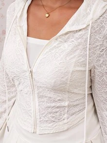 CovetEZ New Lace Knit Jacquard Hooded Casual Semi-Sheer Plus Size Jacket Fall - Black - View 4