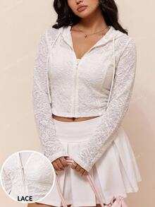 CovetEZ New Lace Knit Jacquard Hooded Casual Semi-Sheer Plus Size Jacket Fall - Black - View 1