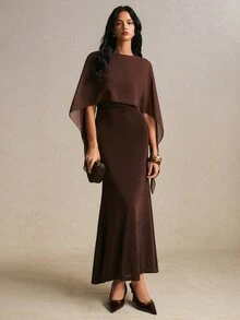 Poéselle 女款深棕色純色網紗披肩設計優雅收腰派對晚宴禮服婚禮夏季洋裝 - 棕色 - 查看 5