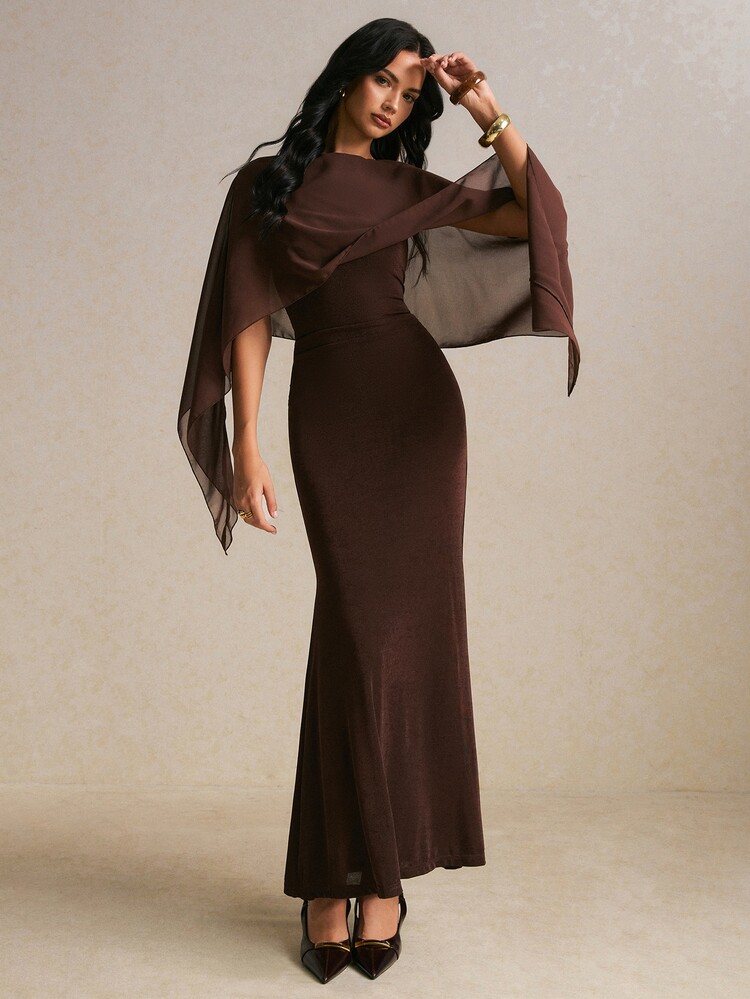 Poéselle Women's Solid Color Mesh Shawl Design Elegant Waist-Cinching Party Dinner Evening Dress Wedding Dark Brown Summer - Brown - View 3