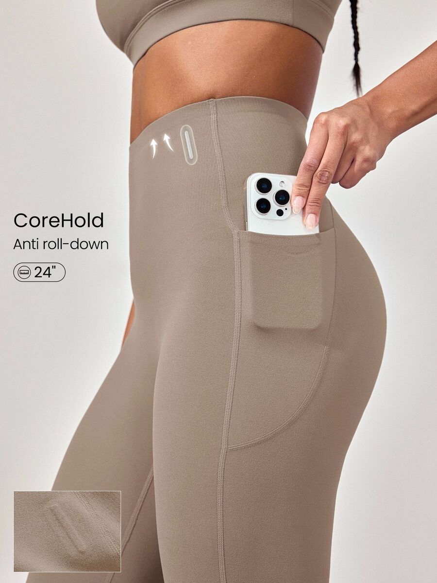 GLOWMODE 24 英寸 CoreHold FeatherFit™-Sculpt CoreHold 防滑贴身塑形无前缝紧身裤,带侧袋,中等强度健身慢跑健身房训练 - 卡其色 - 查看 1