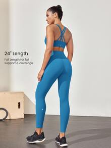 GLOWMODE 24 英寸 CoreHold FeatherFit™-Sculpt CoreHold 防滑贴身塑形无前缝紧身裤，带侧袋，中等强度健身慢跑健身房训练 - 漫遊藍 - 查看 4