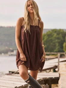 Aralina Summer / Fall Beach Vacation Broderie Trim Baby Doll Pink Mini Dress - Brown - View 1