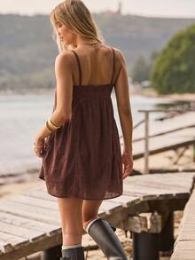 Aralina Summer / Fall Beach Vacation Broderie Trim Baby Doll Pink Mini Dress - Brown - View 2