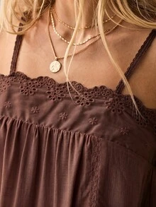 Aralina Summer / Fall Beach Vacation Broderie Trim Baby Doll Pink Mini Dress - Brown - View 5
