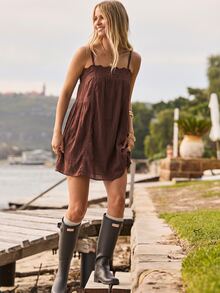 Aralina Summer / Fall Beach Vacation Broderie Trim Baby Doll Pink Mini Dress - Brown - View 7