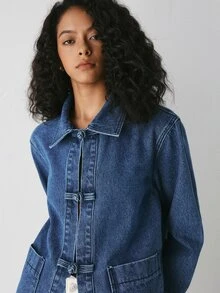 ATUI Studio Women's Long Sleeve Frog Button Design Casual Denim Jacket - Dark Wash - View 5