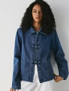 ATUI Studio Women's Long Sleeve Frog Button Design Casual Denim Jacket - Dark Wash - View 3