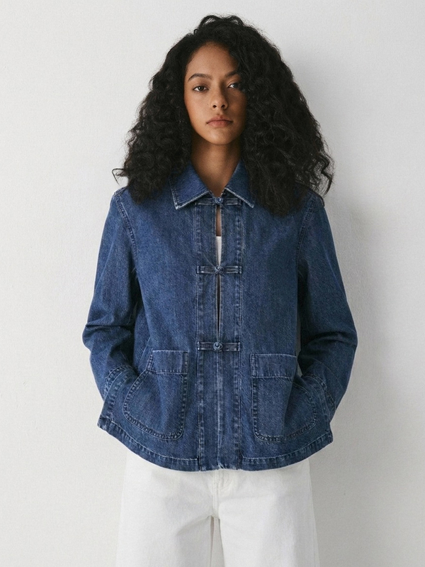 ATUI Studio Chaqueta vaquera casual de manga larga con diseño de botones de rana para mujer