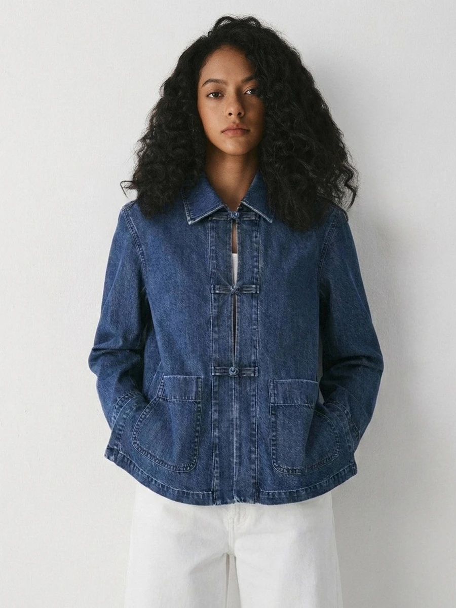 ATUI Studio Women's Long Sleeve Frog Button Design Casual Denim Jacket - Dark Wash - View 1