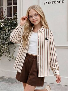 SHEIN 青少年女孩3件套條紋襯衫白色背心寬腿運動褲，鬆垮針織簡約風格，秋季返校穿搭，復古條紋女裝 - 彩色 - 查看 6