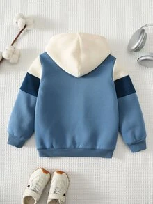 SHEIN Kids Young Boys Casual Comfortable Versatile Hooded Open Front Zip-Up Patch Pocket Contrast Color Woven Label Pullover Sweatshirt Autumn Jacket - Multicolor - View 2