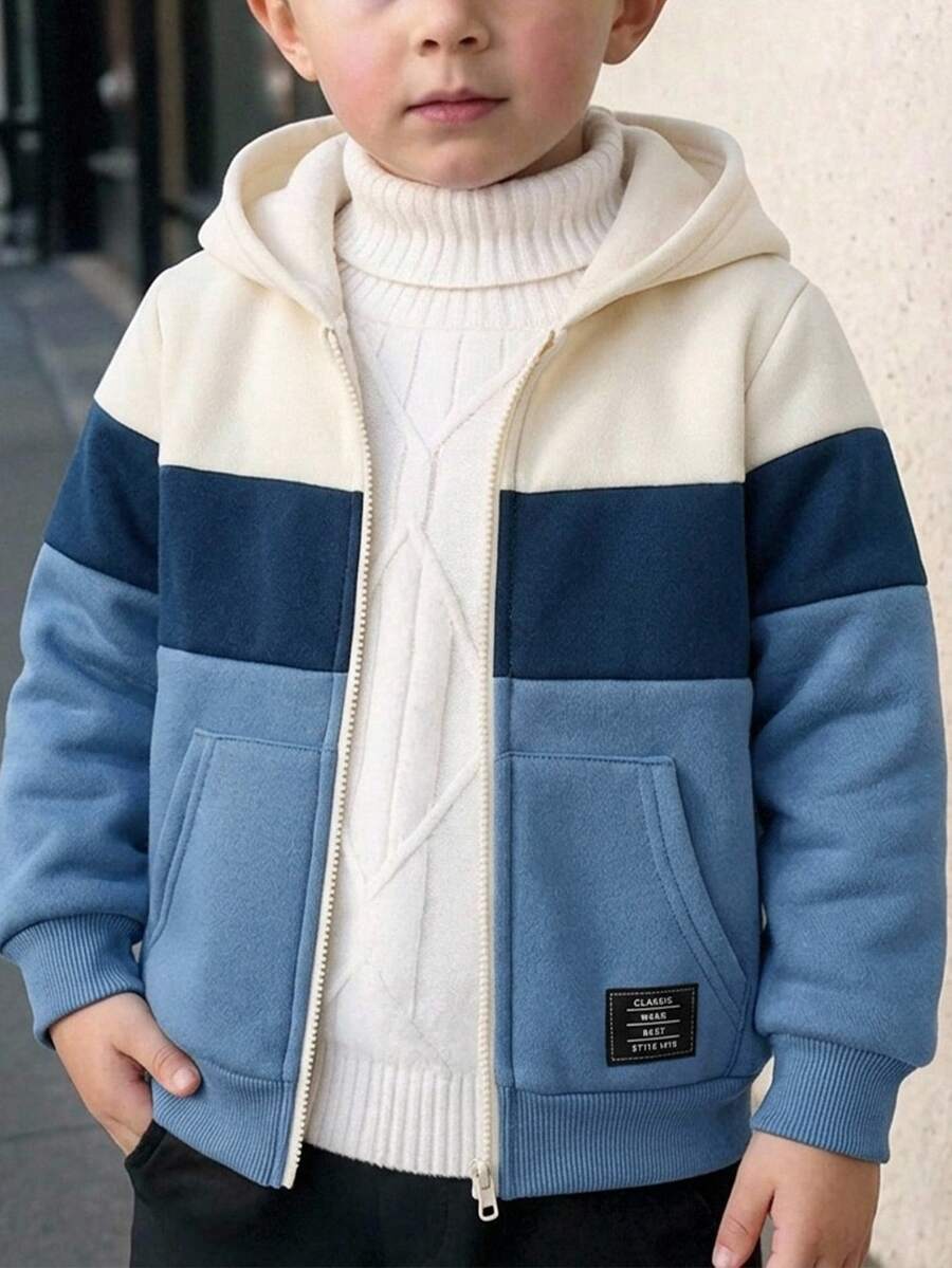 SHEIN Kids Young Boys Casual Comfortable Versatile Hooded Open Front Zip-Up Patch Pocket Contrast Color Woven Label Pullover Sweatshirt Autumn Jacket - Multicolor - View 1