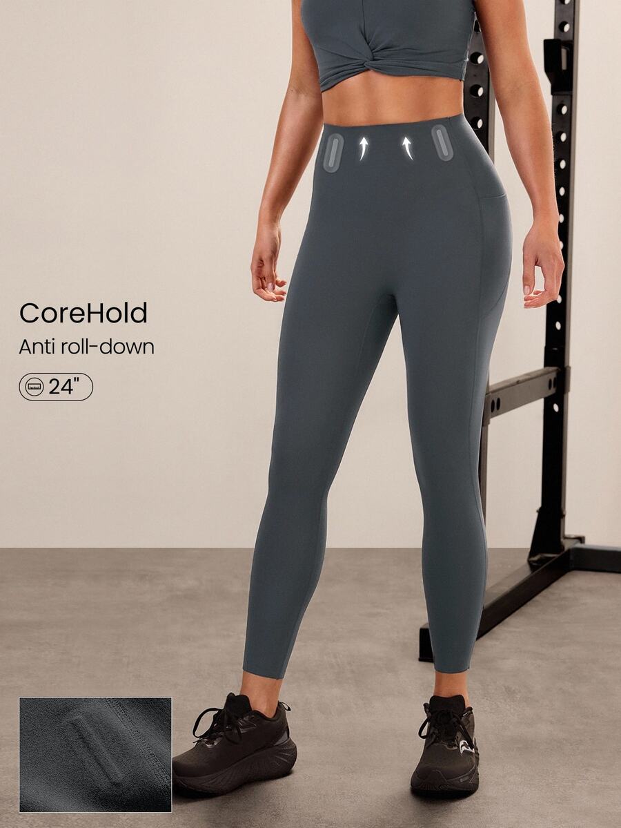 GLOWMODE 24'' CoreHold FeatherFit™-Sculpt CoreHold No Slip Fit Boning Tummy Control No Front Seam Leggings With Side Pockets Workout Gym Spring - charcoal ash - View 1