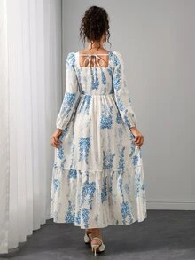 Momance Nursing Dress Long Sleeve Square Neck Front Lift-Up Back Bow Tie Drawstring Ruffle Hem A-Line Skirt Floral White Digital Print Maxi Baby Shower Autumn - Blue and White - View 2