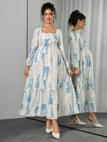 Momance Nursing Dress Long Sleeve Square Neck Front Lift-Up Back Bow Tie Drawstring Ruffle Hem A-Line Skirt Floral White Digital Print Maxi Baby Shower Autumn - Blue and White - View 5
