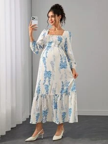 Momance Nursing Dress Long Sleeve Square Neck Front Lift-Up Back Bow Tie Drawstring Ruffle Hem A-Line Skirt Floral White Digital Print Maxi Baby Shower Autumn - Blue and White - View 8