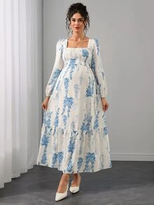 Momance Nursing Dress Long Sleeve Square Neck Front Lift-Up Back Bow Tie Drawstring Ruffle Hem A-Line Skirt Floral White Digital Print Maxi Baby Shower Autumn - Blue and White - View 4