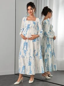 Momance Nursing Dress Long Sleeve Square Neck Front Lift-Up Back Bow Tie Drawstring Ruffle Hem A-Line Skirt Floral White Digital Print Maxi Baby Shower Autumn - Blue and White - View 7