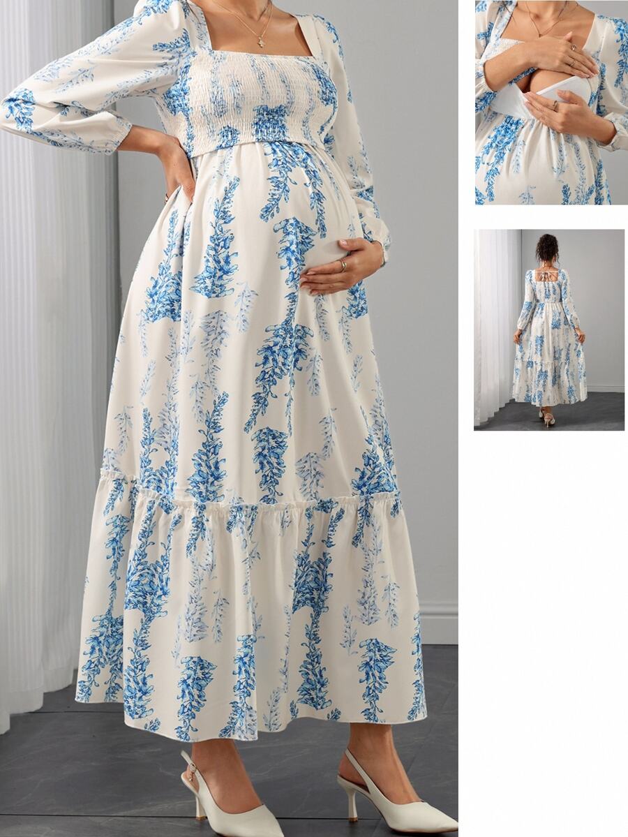 Momance Nursing Dress Long Sleeve Square Neck Front Lift-Up Back Bow Tie Drawstring Ruffle Hem A-Line Skirt Floral White Digital Print Maxi Baby Shower Autumn - Blue and White - View 1