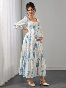 Momance Nursing Dress Long Sleeve Square Neck Front Lift-Up Back Bow Tie Drawstring Ruffle Hem A-Line Skirt Floral White Digital Print Maxi Baby Shower Autumn - Blue and White - View 3