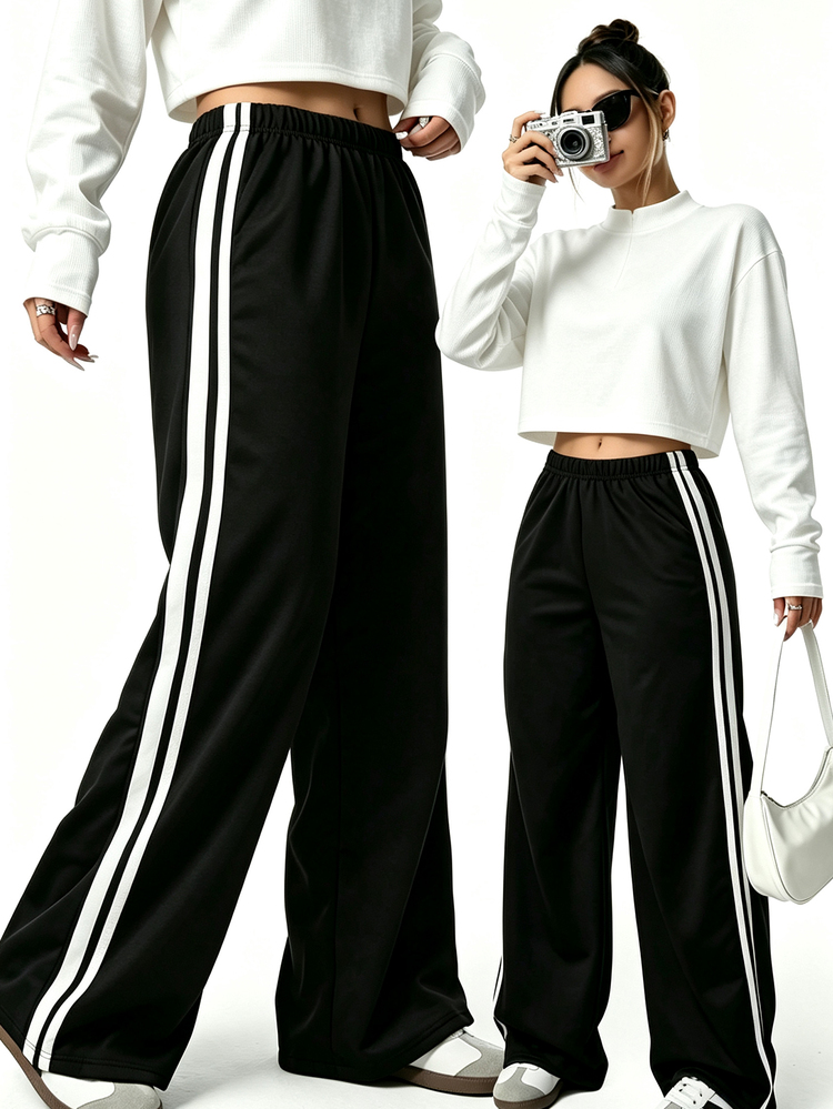 Teen Girls Wide Leg Casual Knitted Ribbon Elastic Waist Loose Sweatpants,Holiday,Summer,Travel, Fall, Minimalist, Back To School, Outfit - Black - View 3