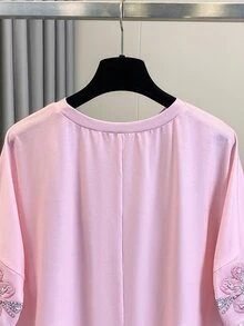 GlowEve 女士圆领仿珍珠花卉刺绣上衣和短裤休闲两件套 - 粉色 - 查看 6