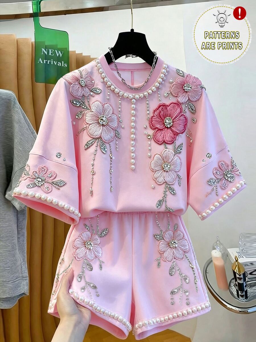 GlowEve 女士圆领仿珍珠花卉刺绣上衣和短裤休闲两件套 - 粉色 - 查看 1