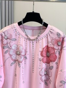 GlowEve 女士圆领仿珍珠花卉刺绣上衣和短裤休闲两件套 - 粉色 - 查看 8