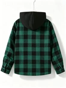 SHEIN 1件青少年男孩休閒黑色與綠色格紋連帽鈕扣襯衫，舒適面料，獨特版型，秋季新風格，適合休閒活動、返校穿著及多種場合 - 綠色 - 查看 2
