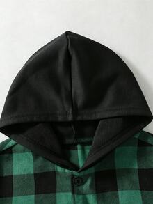 SHEIN 1件青少年男孩休閒黑色與綠色格紋連帽鈕扣襯衫，舒適面料，獨特版型，秋季新風格，適合休閒活動、返校穿著及多種場合 - 綠色 - 查看 3