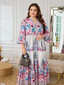Al Najma 女款荷葉袖蛋糕裙襬花卉印花浪漫度假風夏季大尺碼阿拉伯式長裙 - 彩色 - 查看 5