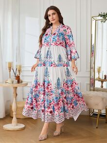 Al Najma 女款荷葉袖蛋糕裙襬花卉印花浪漫度假風夏季大尺碼阿拉伯式長裙 - 彩色 - 查看 1