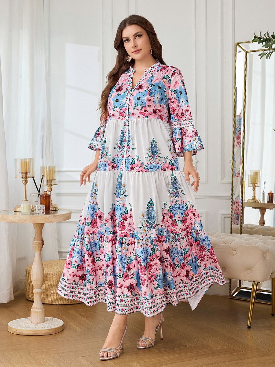 Al Najma 女款荷葉袖蛋糕裙襬花卉印花浪漫度假風夏季大尺碼阿拉伯式長裙 - 彩色 - 查看 1