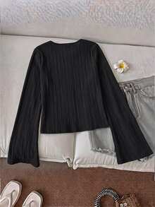 SHEIN LUNE 女款紋理黑色百搭上衣，休閒純色V領喇叭袖綁帶前襟襯衫，綁帶上衣，休閒風格 - 黑色 - 查看 2