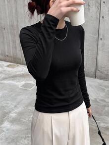DAZY Women's Winter Versatile Solid Color Fleece Lined T-Shirt - Black - View 8