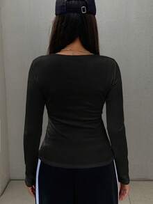 DAZY Women's Winter Versatile Solid Color Fleece Lined T-Shirt - Black - View 3