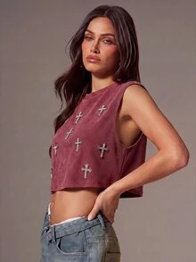 Denimoi Rhinestone Cross Charms Cropped Low Armhole Tank Top, Fashionable, Crop Top - Burgundy - View 9